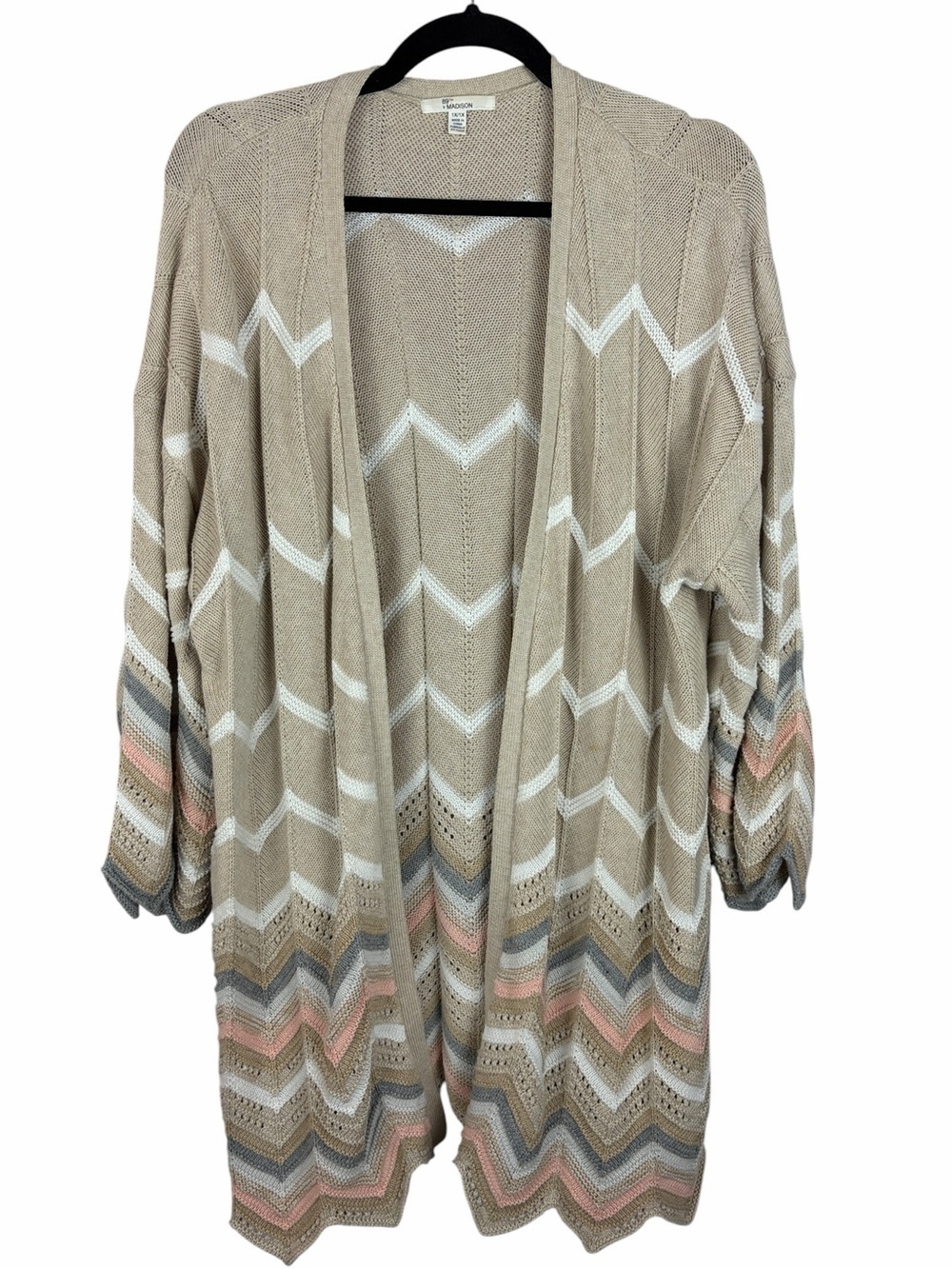 89th + Madison Longline Chevron Knit Cardigan 1X Boho Open Front Duster Neutral